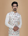 alt message - Manyavar Men Light Cream Floral Print Kurta Jacket Set image number 0